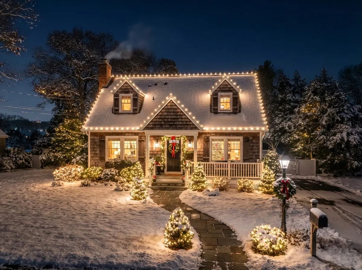Cozy Cape Cod home with classic warm white Christmas & holiday lights