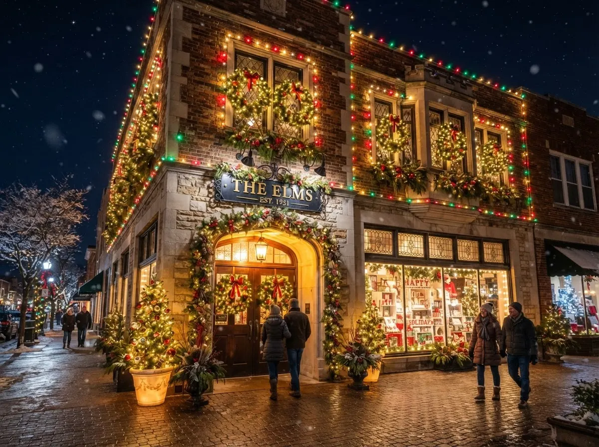 Commercial building storefront with grand Christmas & holiday lighting