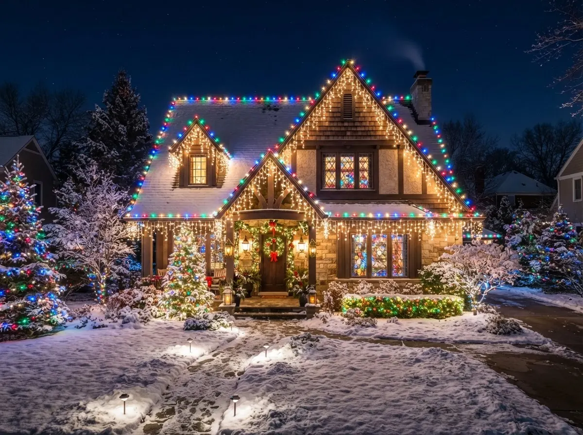 Home with multicolor Christmas & holiday lights and icicle lights