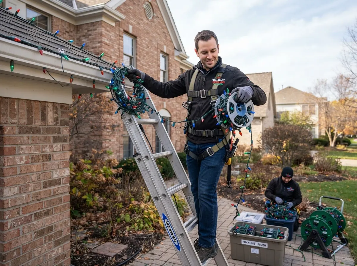 Neatly coiled Christmas & holiday lights being removed and stored