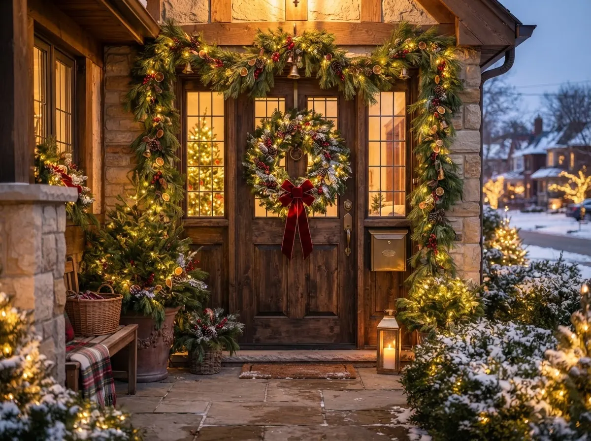 Fresh evergreen wreath with red bow and string lights